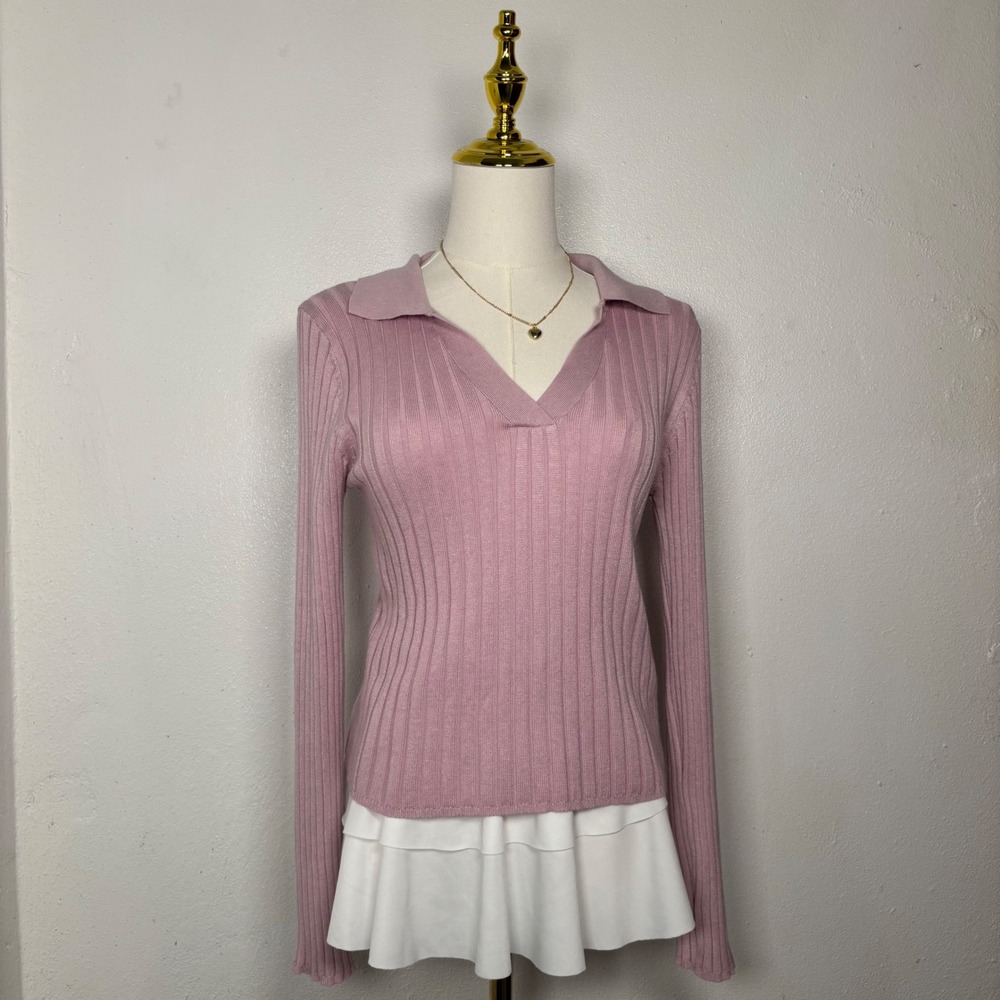 hippie rose pink knit collared vneck blouse sweater coquette softgirl preppy y2k